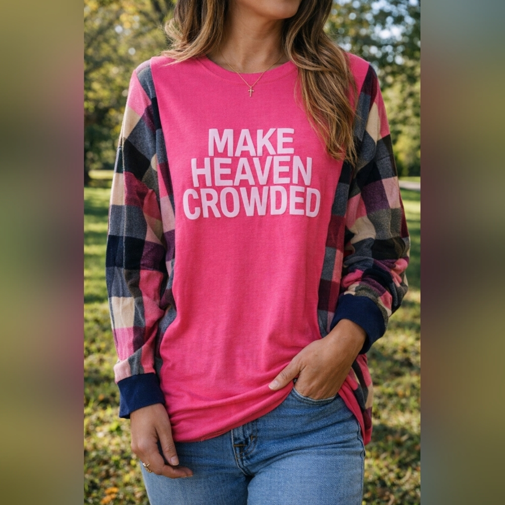 Make Heaven Crowded T-Shirt With Pink Plaid Sleeves